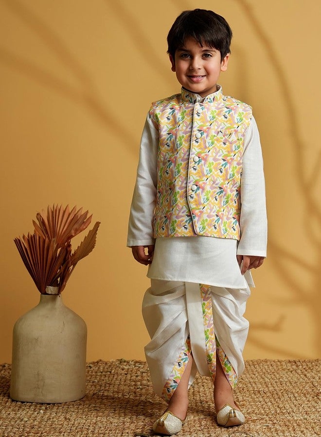 AJ DEZINES Kids Cotton Full Sleeve Printed Yellow Dhoti Kurta Set for Boys - Ethnic wear | Traditional & Festival Wear|Waistcoat for boys - Regular Fit (1952-YELLOW-3) - Image 2
