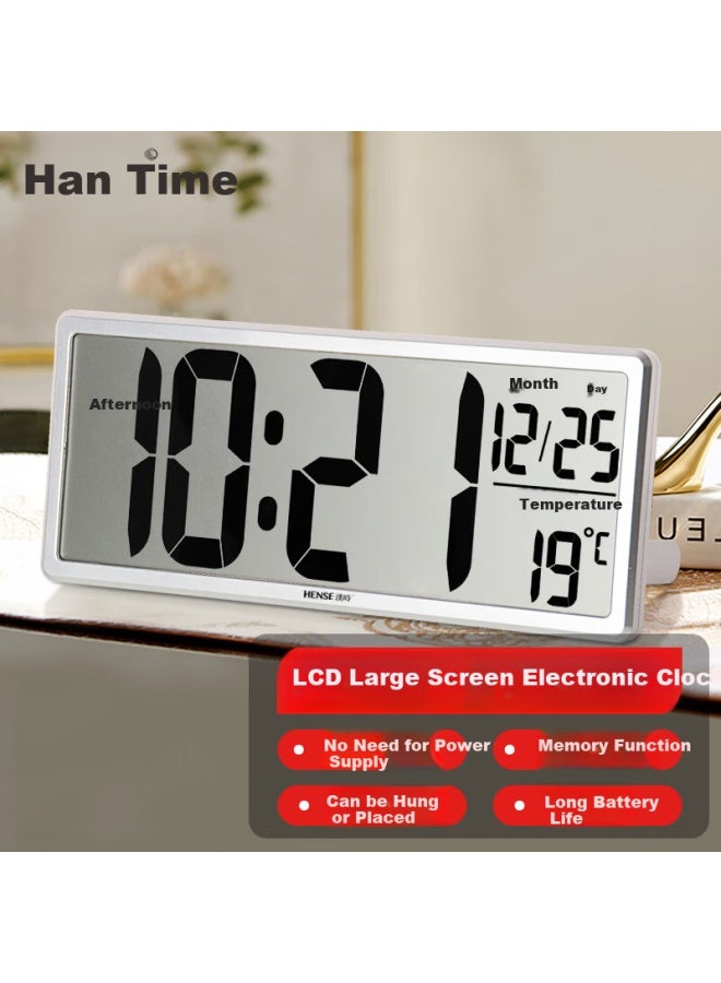 Hense Large Screen Electronic Clock Living Room Wall Clock Desktop Clock Wall Clock Table Clock Alarm Clock Creative Seat Clock Ha88a Silver - Image 1