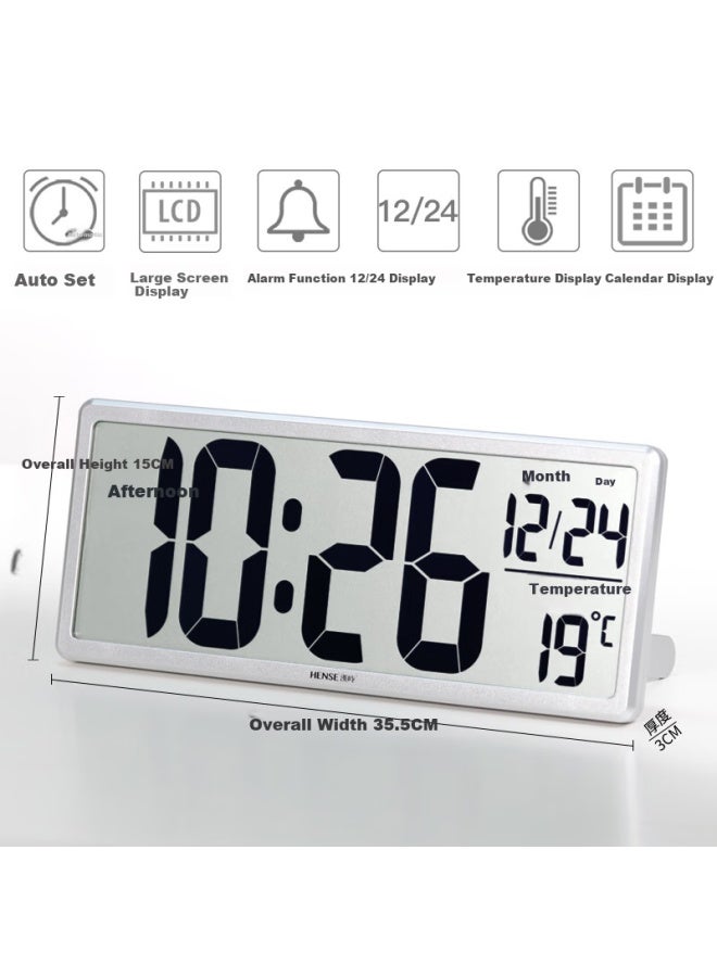 Hense Large Screen Electronic Clock Living Room Wall Clock Desktop Clock Wall Clock Table Clock Alarm Clock Creative Seat Clock Ha88a Silver - Image 5