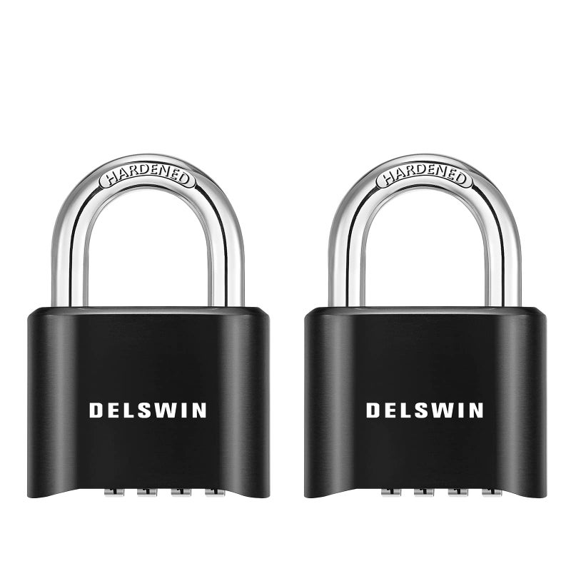 DELSWIN 4Digit Combination Lock Outdoor Padlock Heavy Duty Locker Lock with Hardened Steel Shackle Waterproof Combo Lock for Gym Locker Hasp Storage Shed Fence Gate Black2Pcs