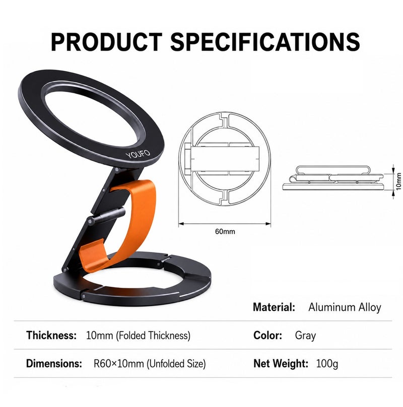 YOUFO Y4944 Magnetic Phone Ring Holder Stand, Foldable Metal Finger Grip Ring, Magnetic Phone Stand, Desktop Mobile Holder, Selfie Grip, 360 Degree Rotation, Universal Smartphone Accessory for Office Home Travel Car Use ERPCY4944 - Image 3