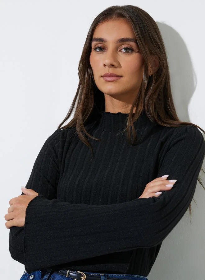 ستايلي Black Ribbed Knit Long Sleeve Top