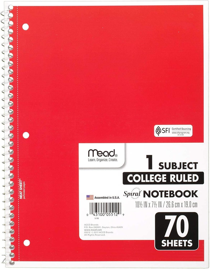 Mead Spiral Notebook, 1 Subject, College Ruled Paper, 7-1/2" x 10-1/2", 70 Sheets, Color Will Vary (05512) - Image 5