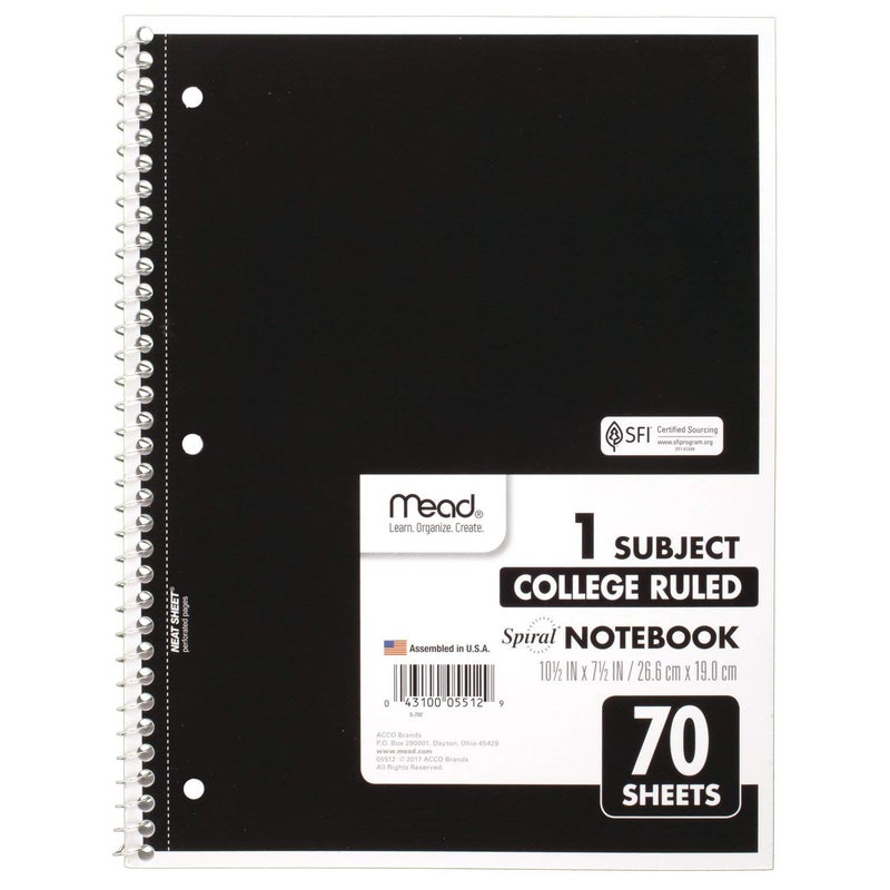 Mead Spiral Notebook, 1 Subject, College Ruled Paper, 7-1/2" x 10-1/2", 70 Sheets, Color Will Vary (05512) - Image 1