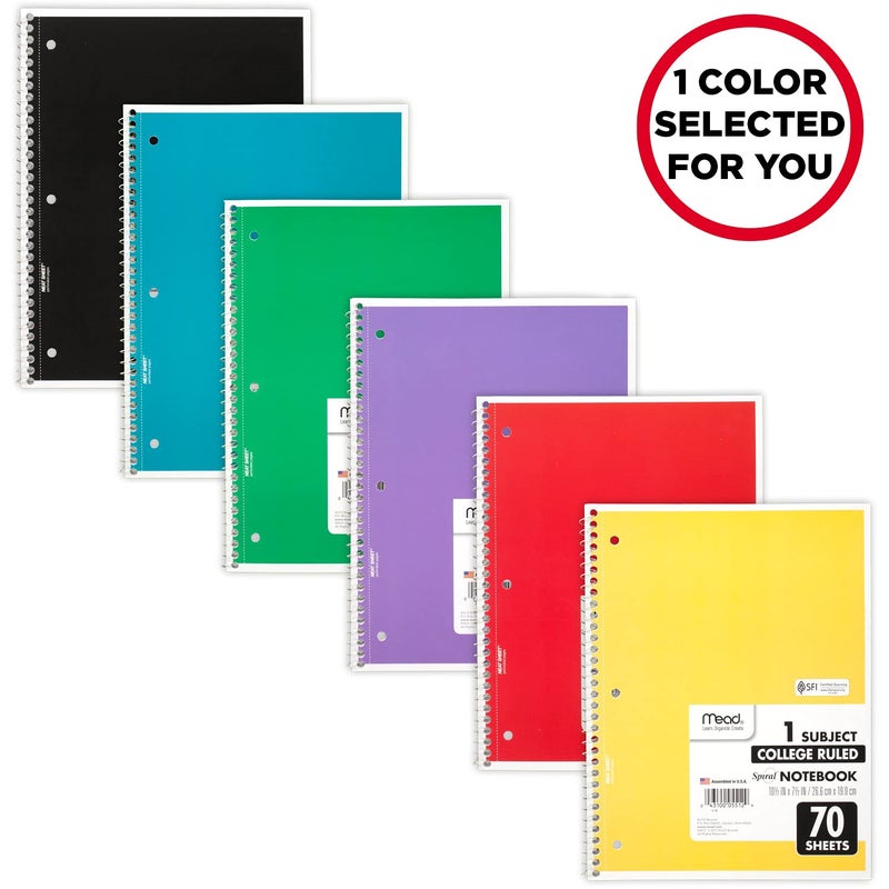 Mead Spiral Notebook, 1 Subject, College Ruled Paper, 7-1/2" x 10-1/2", 70 Sheets, Color Will Vary (05512) - Image 2