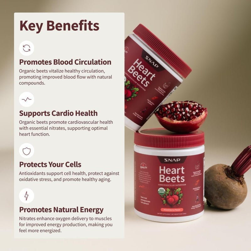 Snap Supplements Heart Beets Organic Beet Root Powder Cardiovascular Support Supplement for Men  Women Beets Pomegranate B Vitamins  Red Spinach Heart Health Support 30 Servings Mixed Berry - Image 3
