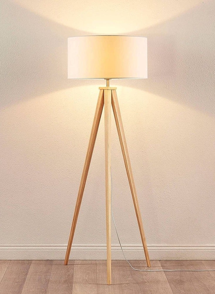 DubaiGallery Flora Round Floor Lamp Wood Fabric Lampshade in Natural White Diameter 50 cm Scandinavian Floor Lamp Living Room - Image 1