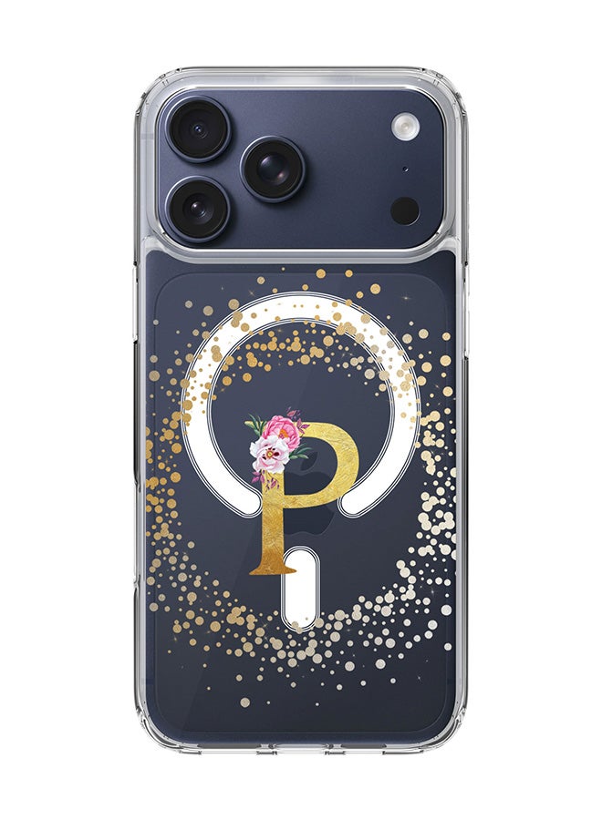 Stylizedd Classic Clear MagSafe Case for iPhone 17 Pro Max , Hybrid Soft Case Flexible Edges Anti Drop TPU PC Gel Thin Transparent Cover [ Designed for iPhone 17 Pro Max ] - Custom Monogram Initial Letter Floral Pattern Alphabet - P  (Clear )