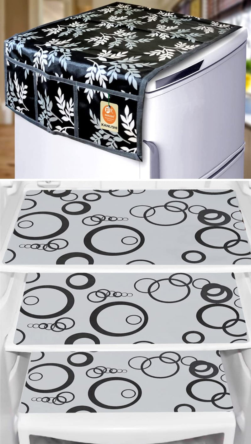 KANUSHI Industries® 1 Pc Fridge Cover for Top with 6 Utility Pockets + 3 Fridge Mats (FRI-SMALL-LEAVES-BLACK-01-M-15) - Image 1