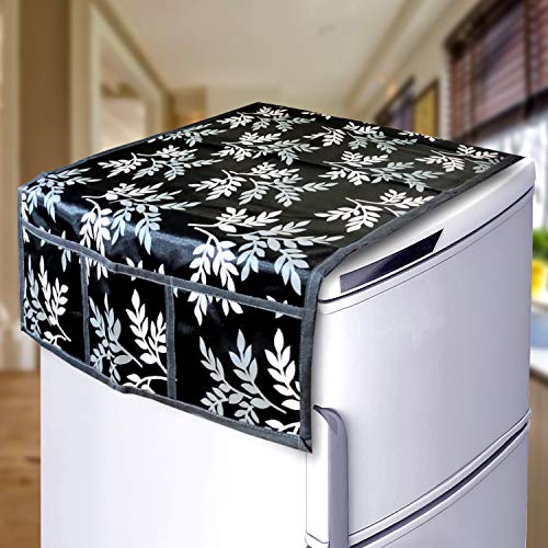 KANUSHI Industries® 1 Pc Fridge Cover for Top with 6 Utility Pockets + 3 Fridge Mats (FRI-SMALL-LEAVES-BLACK-01-M-15) - Image 2