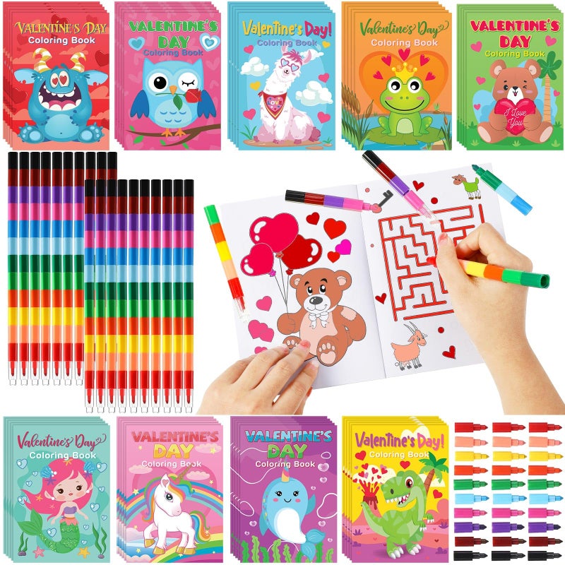 Geyee 27 Set Valentine's Day Coloring Books for Kids Bulk with 27 Stacking Crayons Valentines Party Favors Activity Books for DIY Goodie Bag Stuffers School Classroom Exchange Gifts Supplies - Image 1
