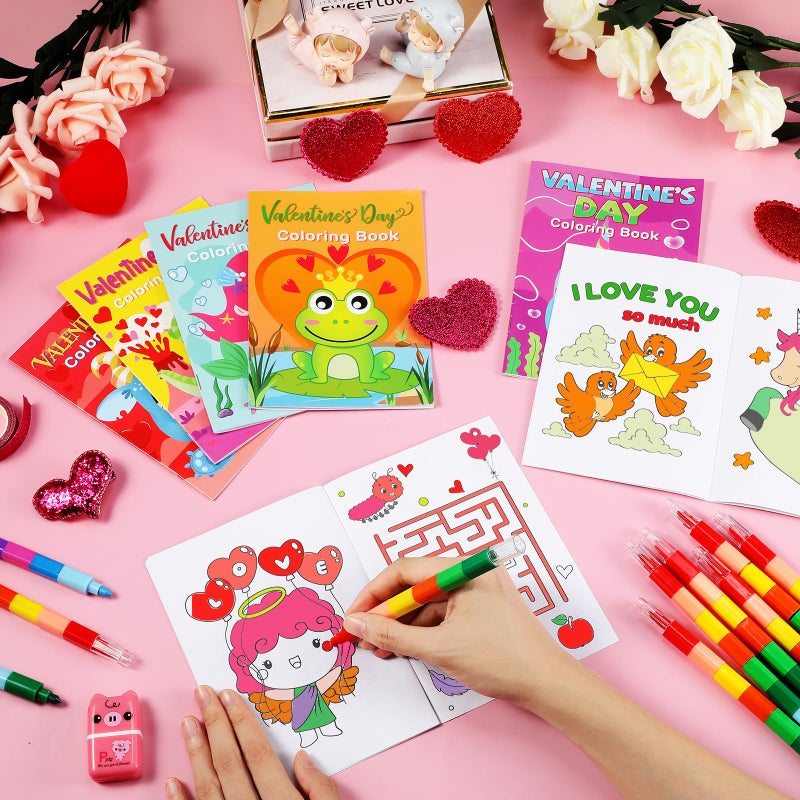 Geyee 27 Set Valentine's Day Coloring Books for Kids Bulk with 27 Stacking Crayons Valentines Party Favors Activity Books for DIY Goodie Bag Stuffers School Classroom Exchange Gifts Supplies - Image 4
