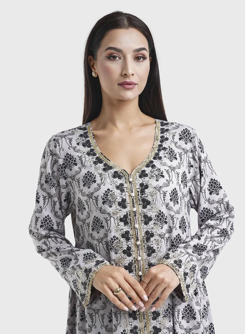 KASHKHA Grey Motif Print Dress with Stone Work (VG2408)