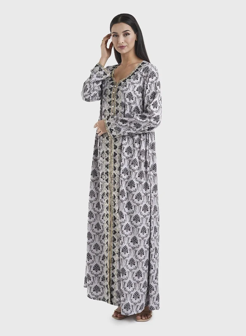 KASHKHA  Grey Motif Print Dress with Stone Work (VG2408) for Women | Best Price UAE