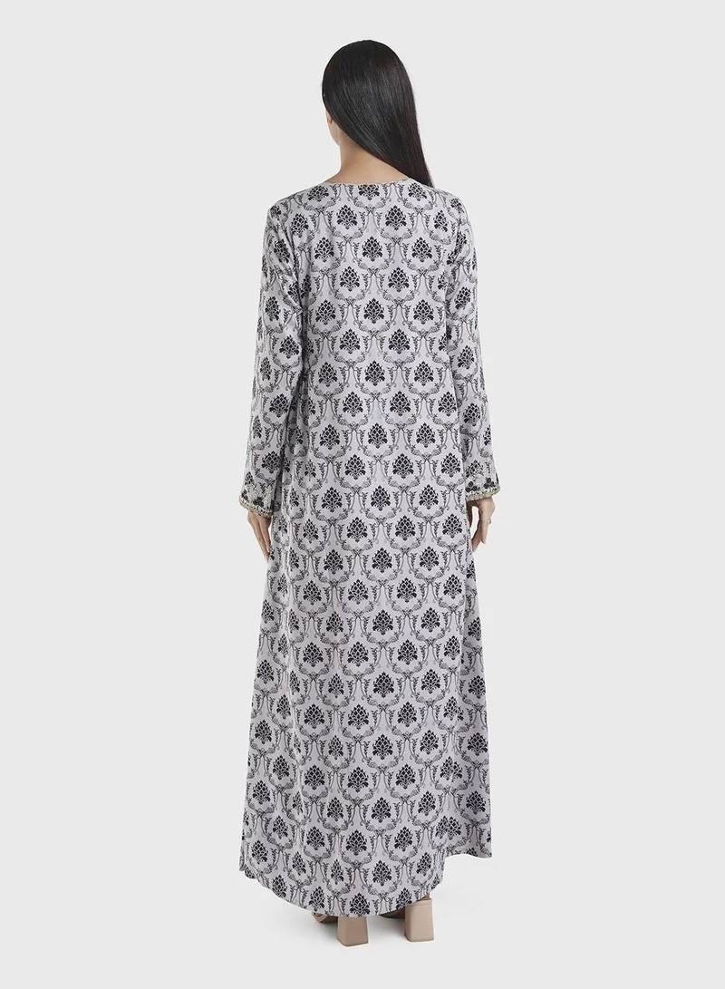 KASHKHA  Grey Motif Print Dress with Stone Work (VG2408) for Women | Best Price UAE