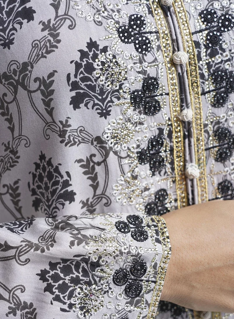 KASHKHA  Grey Motif Print Dress with Stone Work (VG2408) for Women | Best Price UAE