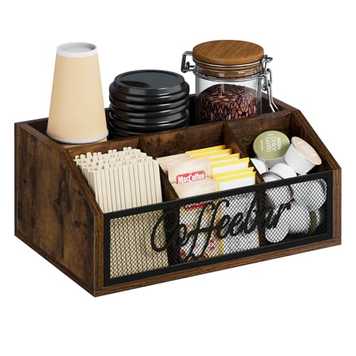 YINMIT Coffee Station Organizer for Countertop, Wood Coffee Bar Organizer with Removable Dividers for Pods, Syrup, Cups, Stirrer, Tea - Office Coffee Bar Accessories - Image 1