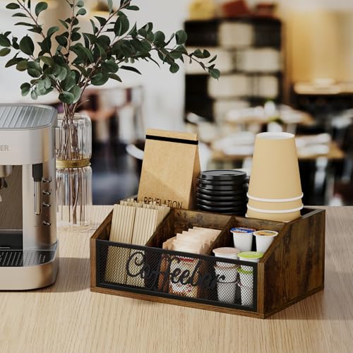 YINMIT Coffee Station Organizer for Countertop, Wood Coffee Bar Organizer with Removable Dividers for Pods, Syrup, Cups, Stirrer, Tea - Office Coffee Bar Accessories - Image 4
