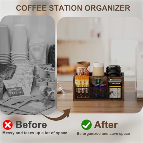 YINMIT Coffee Station Organizer for Countertop, Wood Coffee Bar Organizer with Removable Dividers for Pods, Syrup, Cups, Stirrer, Tea - Office Coffee Bar Accessories - Image 5