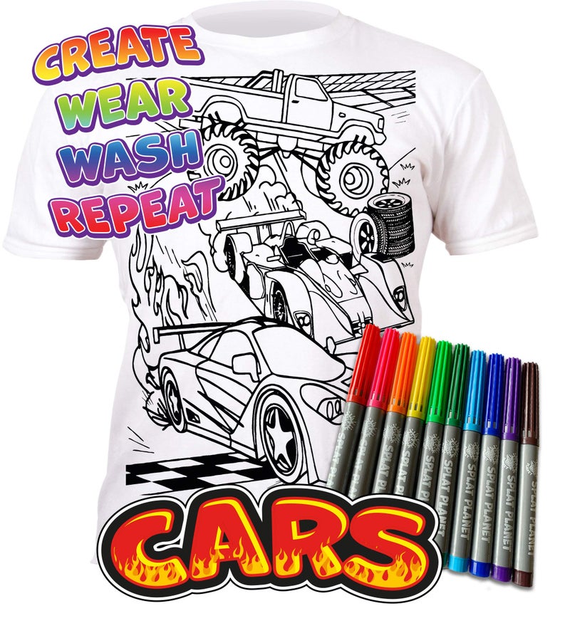 Splat Planet Color in Cars T-Shirt with 10 Non-Toxic Washable Magic Pens (7-8 Years) White - Image 3