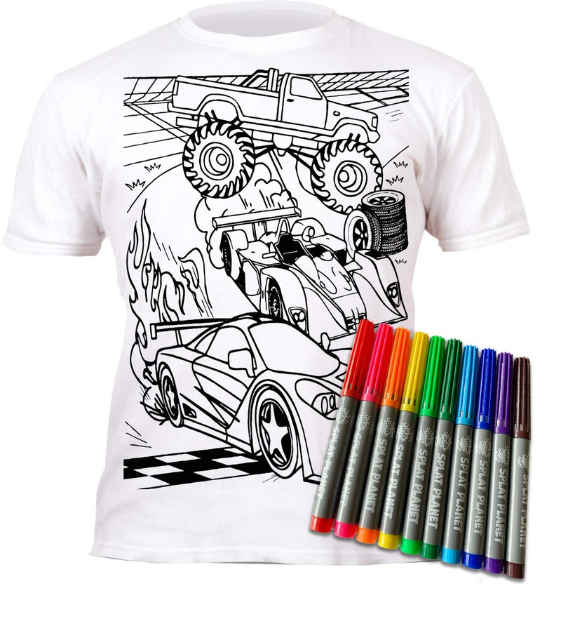 Splat Planet Color in Cars T-Shirt with 10 Non-Toxic Washable Magic Pens (7-8 Years) White - Image 1