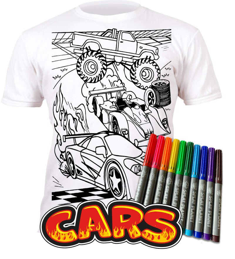 Splat Planet Color in Cars T-Shirt with 10 Non-Toxic Washable Magic Pens (7-8 Years) White - Image 2