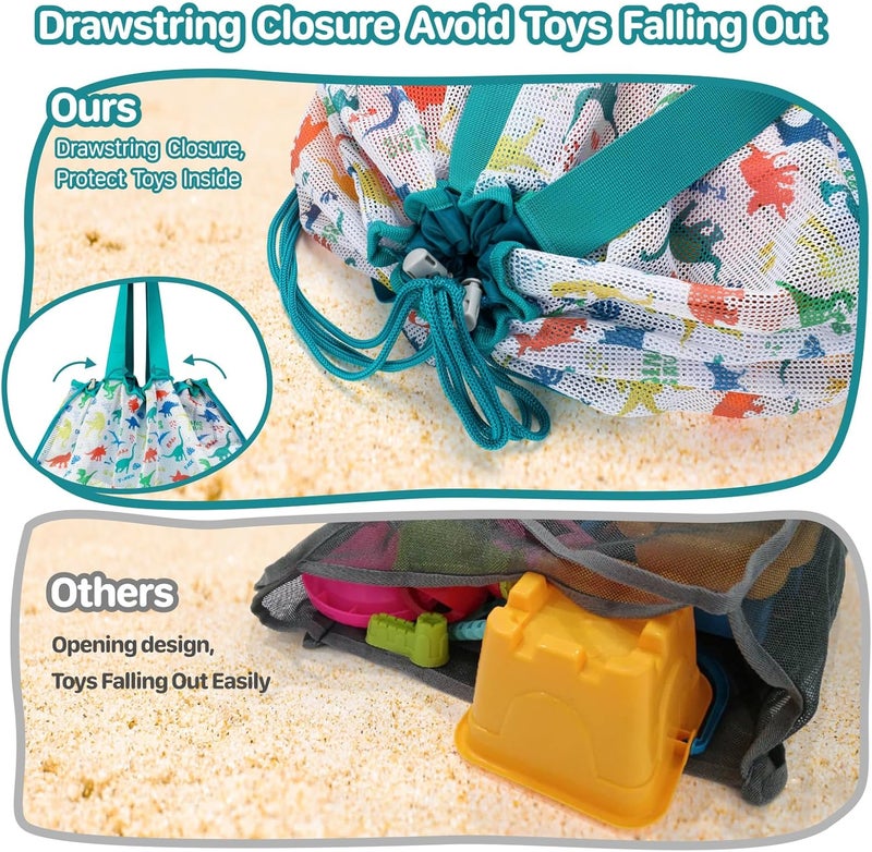 BrainyBees Beach Toy Bag - Extra Large Mesh Beach Bag Tote for Sand Toy with Drawstring, Lightweight Foldable Pool Toy Bag for Beach Toys, Dino Green - Image 4