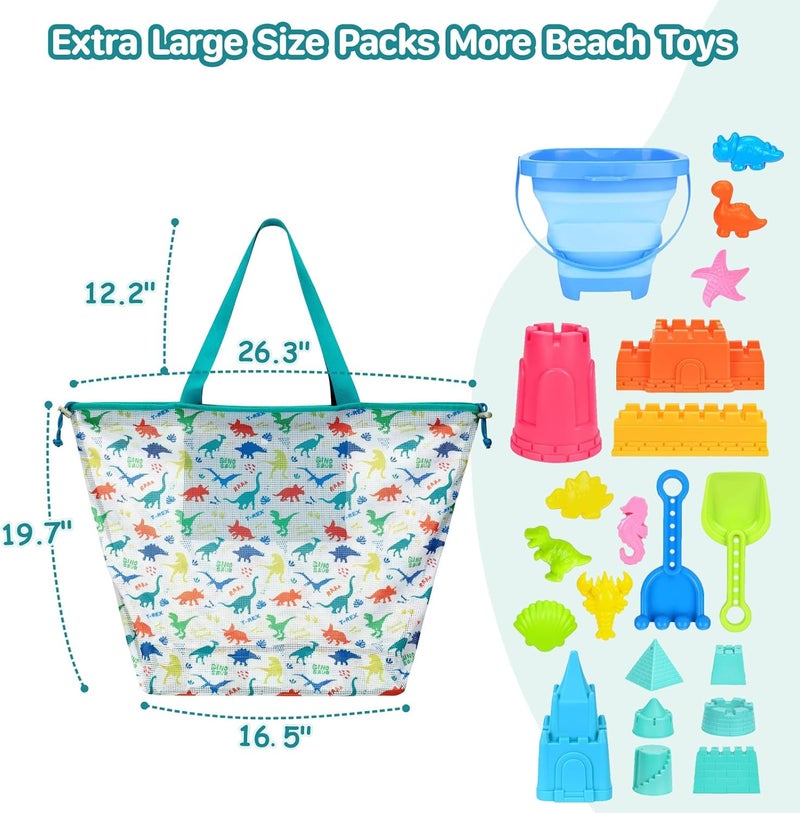 BrainyBees Beach Toy Bag - Extra Large Mesh Beach Bag Tote for Sand Toy with Drawstring, Lightweight Foldable Pool Toy Bag for Beach Toys, Dino Green - Image 3