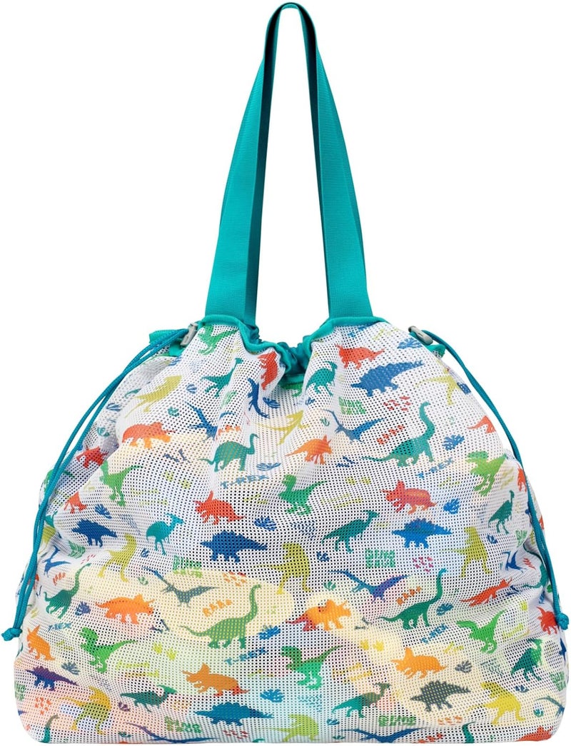 BrainyBees Beach Toy Bag - Extra Large Mesh Beach Bag Tote for Sand Toy with Drawstring, Lightweight Foldable Pool Toy Bag for Beach Toys, Dino Green - Image 1