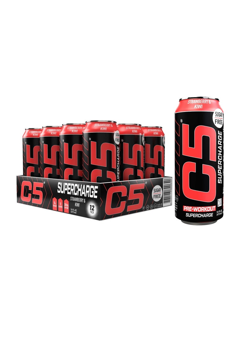 C5 Drink Supercharge Strawberry & Kiwi Pre Workout - Sugar Free, Zero Calories, 200mg High Caffeine , Creatine - Beta Alanine - Citrulline Malate - High-Performance Pre-Workout Booster Supplement Pack of 12 - Image 1
