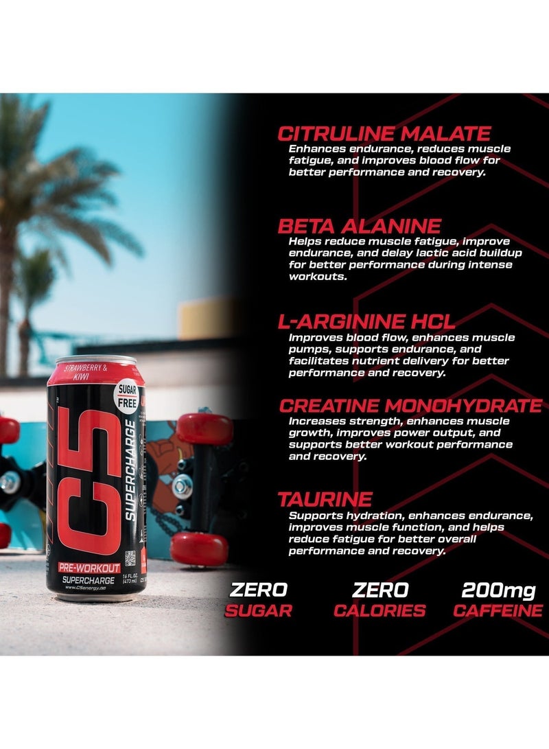 C5 Drink Supercharge Strawberry & Kiwi Pre Workout - Sugar Free, Zero Calories, 200mg High Caffeine , Creatine - Beta Alanine - Citrulline Malate - High-Performance Pre-Workout Booster Supplement Pack of 12 - Image 2