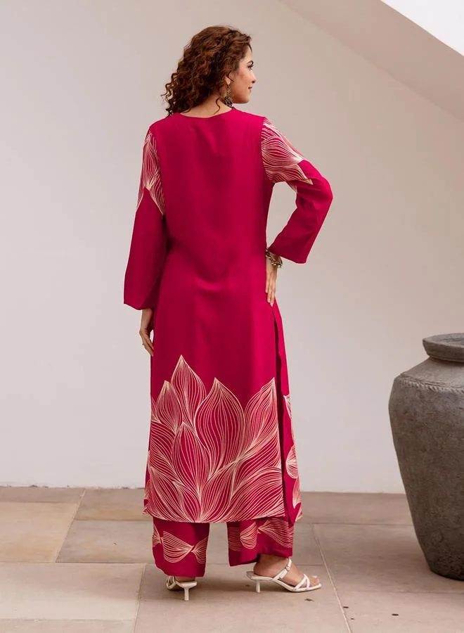 آي شين Women's Pink Rayon Printed Tunic Upper Calf Length Palazzo Bottom Straight Fit 2 Peice Kurta Set