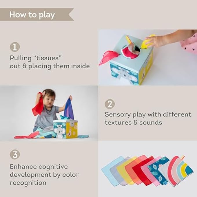 SENSORY CRINKLE TISSUE BOX FOR TODDLERS. STEM MONTESSORI TOY WITH COLORFUL SOFT SCARVES AND CRINKLING BLANKIES - Image 3
