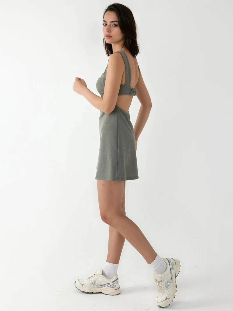 HICCUP Khaki Green Ruched Square-Neck Mini Dress for Women | Best Price UAE