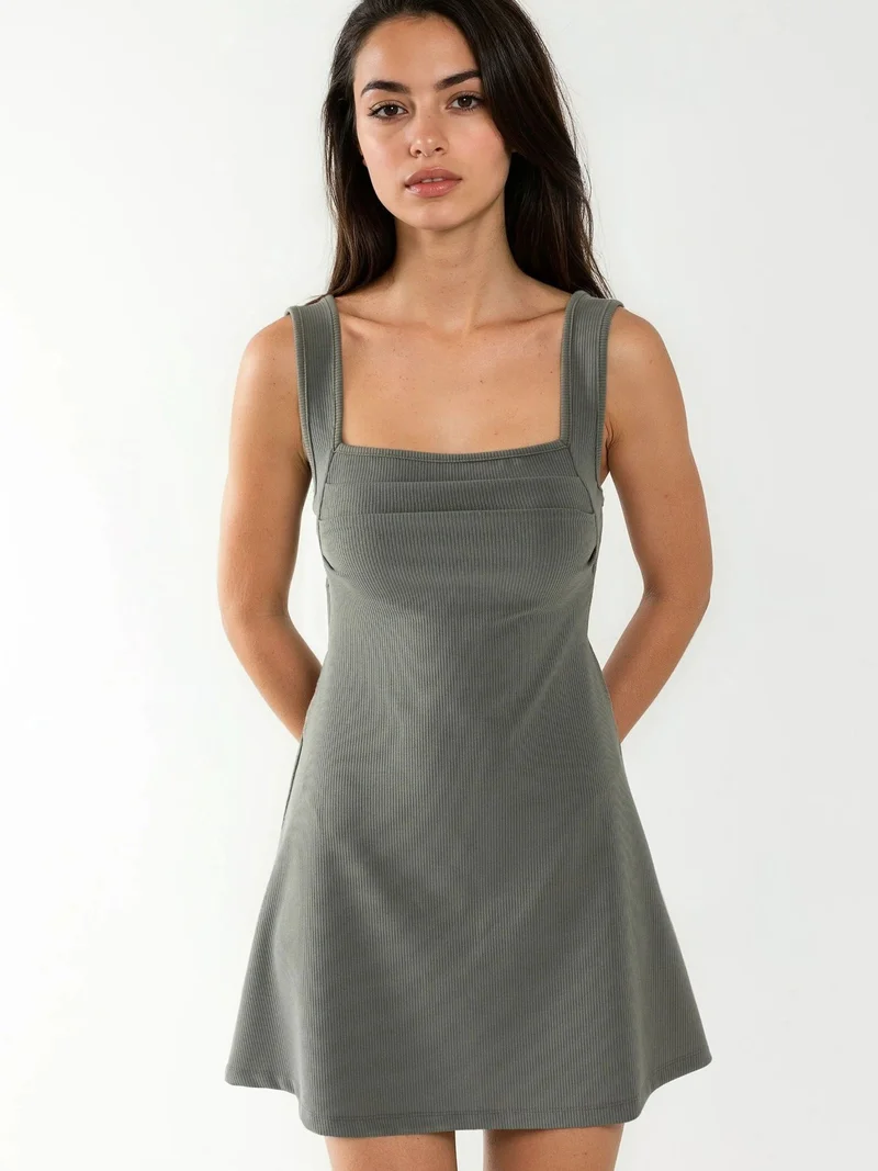 Hiccup Khaki Green Ruched Square-Neck Mini Dress for Women | Best Price UAE