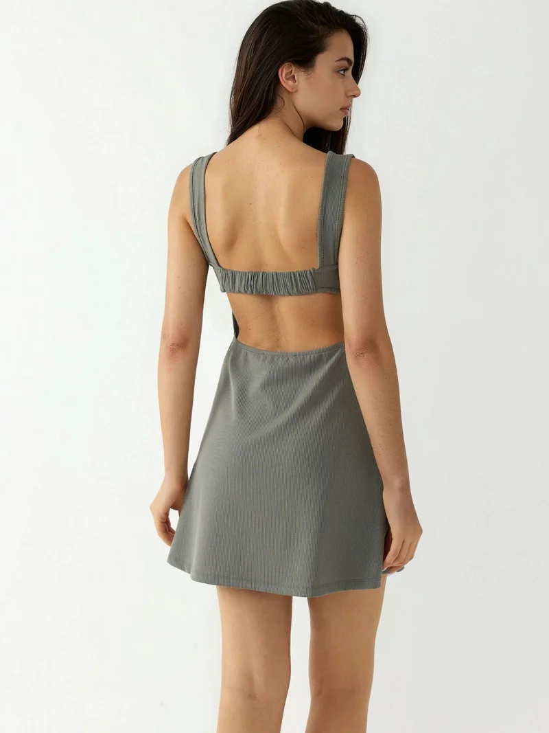 Hiccup Khaki Green Ruched Square-Neck Mini Dress for Women | Best Price UAE