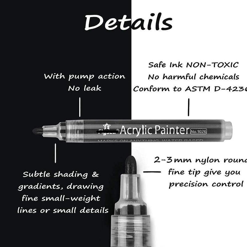 Rangwell Water-Based Black AND White Acrylic Paint Marker Pens Permanent for Rocks Painting, Ceramic, Glass, Wood, Fabric, Canvas, Mugs, DIY Craft Making Supplies (SET OF 2) - Image 5