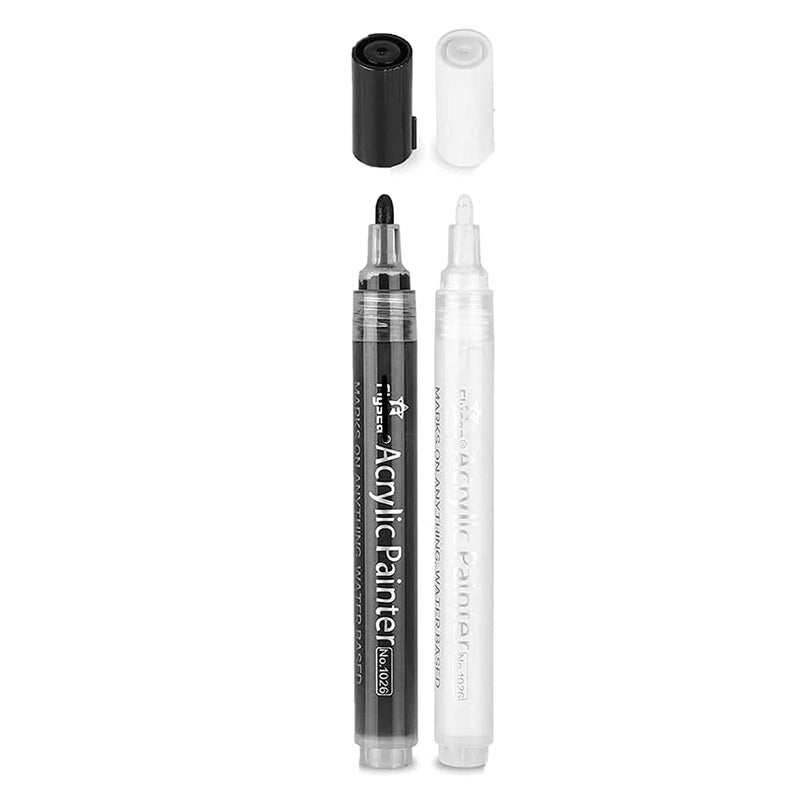 Rangwell Water-Based Black AND White Acrylic Paint Marker Pens Permanent for Rocks Painting, Ceramic, Glass, Wood, Fabric, Canvas, Mugs, DIY Craft Making Supplies (SET OF 2) - Image 1