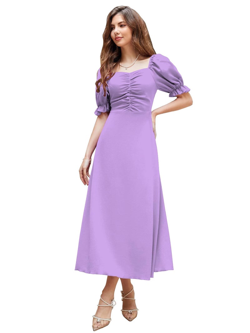 Shasmi Girl's & Women's Solid A-Line Ruched Puff Sleeve Maxi Long Evening One Piece Long Dress for Women Stylish (Dress 131 Light Purple-S) - Image 1