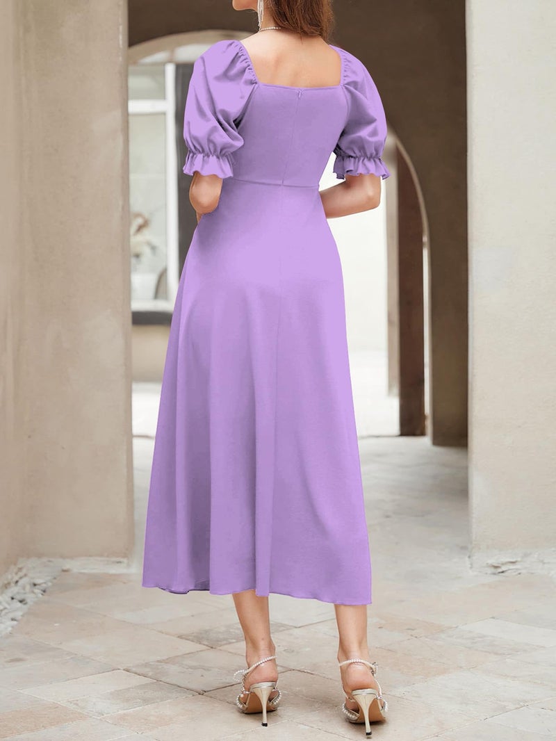Shasmi Girl's & Women's Solid A-Line Ruched Puff Sleeve Maxi Long Evening One Piece Long Dress for Women Stylish (Dress 131 Light Purple-S) - Image 2