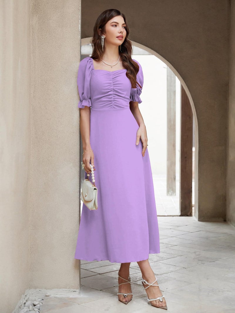 Shasmi Girl's & Women's Solid A-Line Ruched Puff Sleeve Maxi Long Evening One Piece Long Dress for Women Stylish (Dress 131 Light Purple-S) - Image 4