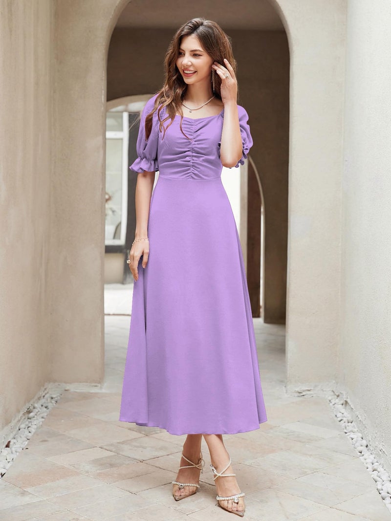 Shasmi Girl's & Women's Solid A-Line Ruched Puff Sleeve Maxi Long Evening One Piece Long Dress for Women Stylish (Dress 131 Light Purple-S) - Image 5