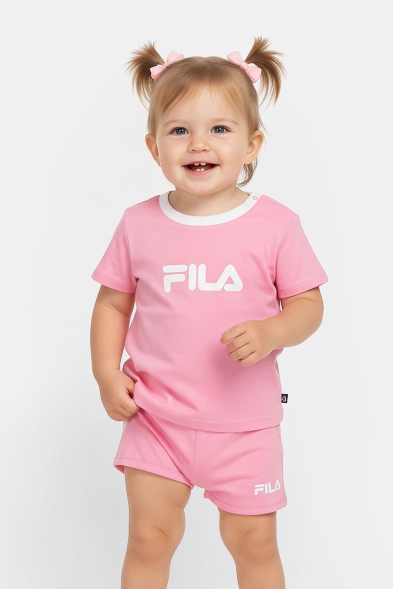 FILA Toddlers Girl 2Pcs Brand Logo T-Shirt And Bottom Short Set, Pink - Image 1