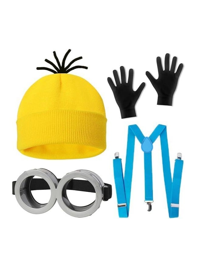 4 Pcs Kids Costume for Girls Boys Adults, Cartoon Role Play Dress Up Accessories -Yellow Beanie hat/Goggles/Gloves/Suspenders for Holiday Birthday Christmas Halloween Dress Up  - Image 1