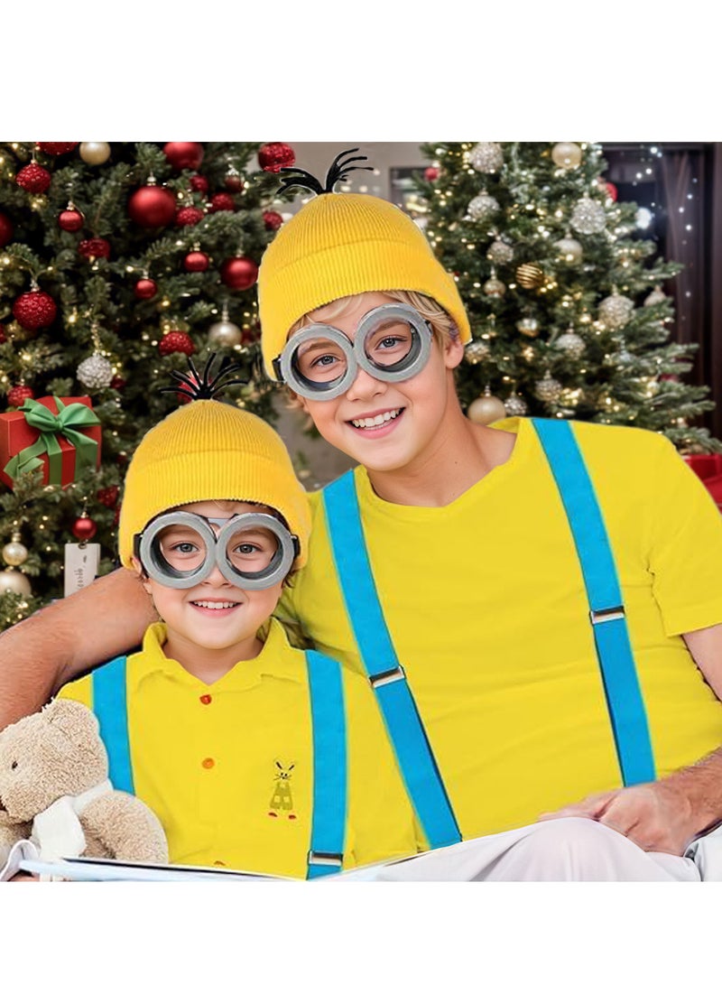 4 Pcs Kids Costume for Girls Boys Adults, Cartoon Role Play Dress Up Accessories -Yellow Beanie hat/Goggles/Gloves/Suspenders for Holiday Birthday Christmas Halloween Dress Up  - Image 2