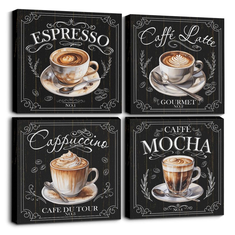 CQM 4 PCs Coffee Wall Decor Canvas Wall Art Framed Art Coffee Bar Decor Posters, Gifts for Coffee Lovers, Coffee Bar Sign, Artwork for Walls Coffee Station Dining Room Kitchen Home Office Decor - Image 1