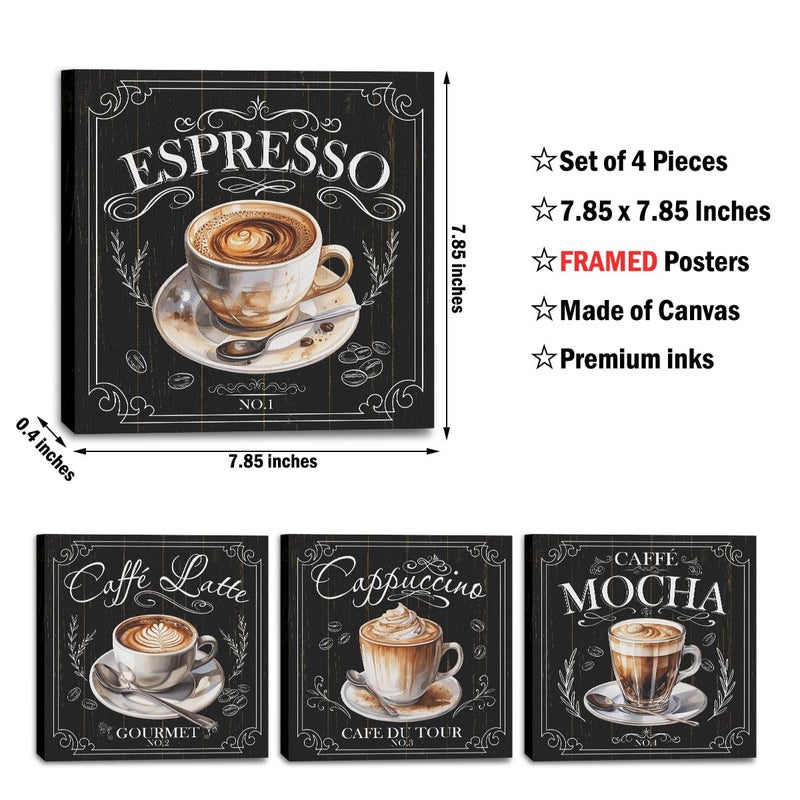 CQM 4 PCs Coffee Wall Decor Canvas Wall Art Framed Art Coffee Bar Decor Posters, Gifts for Coffee Lovers, Coffee Bar Sign, Artwork for Walls Coffee Station Dining Room Kitchen Home Office Decor - Image 2