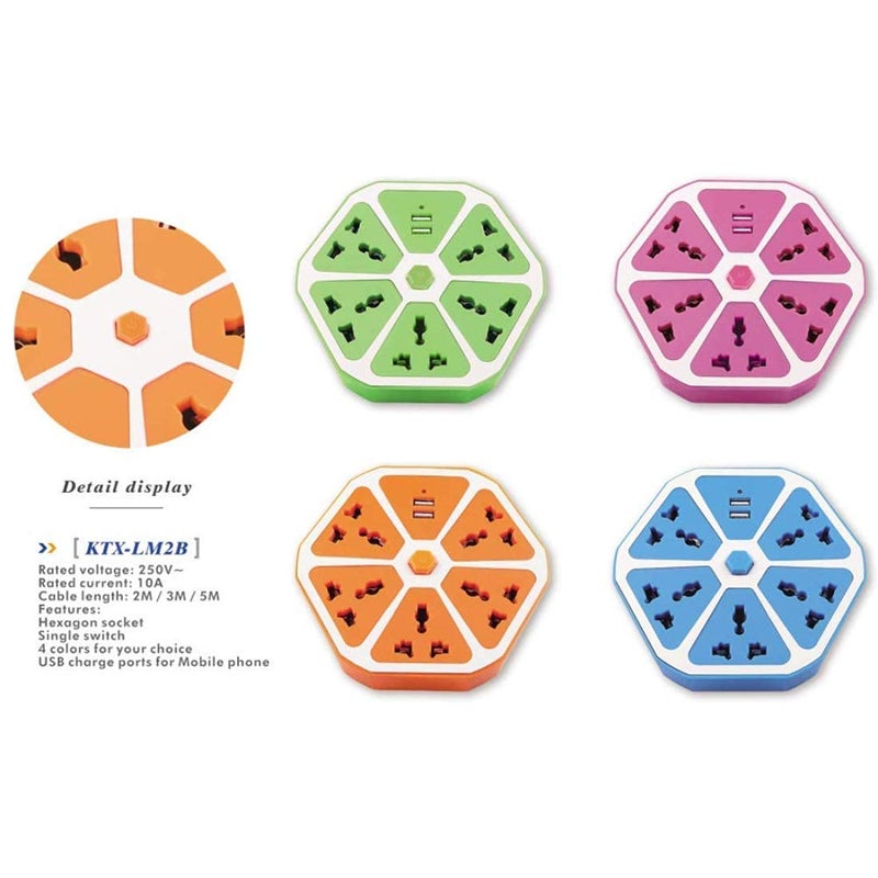 AYUNIX Hexagon Shape Extension Board 4 USB Cable Ports with EU Plug 4 Sockets for Office Home Restuarnts Shopes 10Amp Multicolor - Image 4