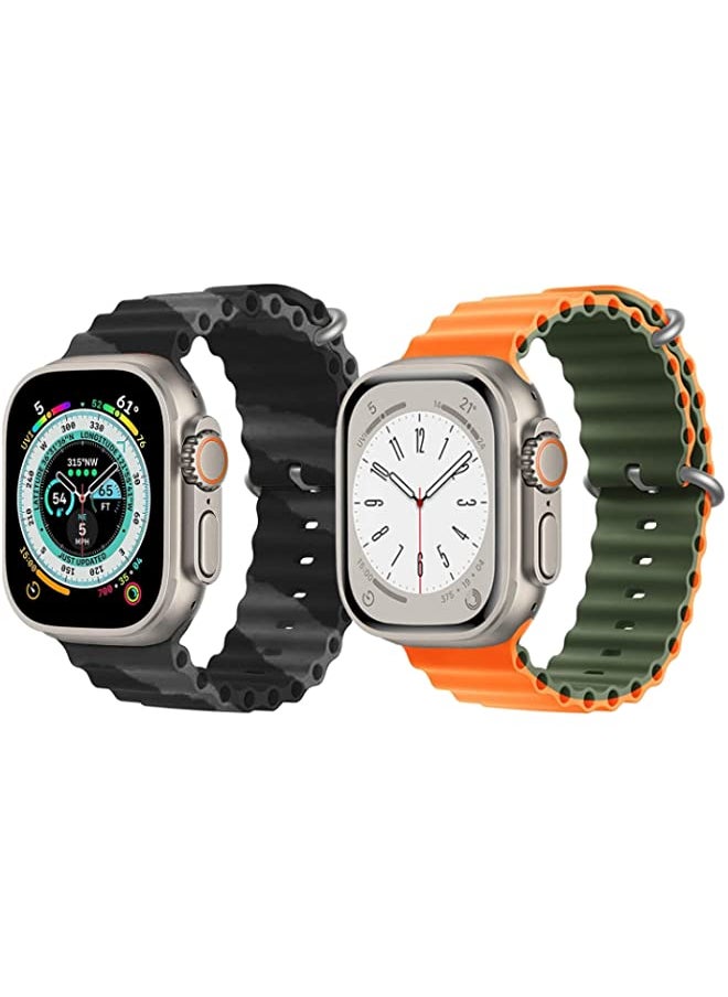 IAF - Silicone Ocean Band Strap for Apple Watch Ultra 8 49mm Black/Gray Double Line Strap with Orange/Green Double Side Strap Set of 2 - Image 1