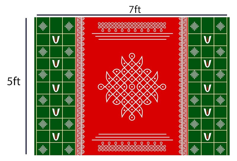 Dhara Creation Red Kolam Tilak 5FT7FT Backdrop Cloth for Pooja Decoration WeddingSatyanarayan Pooja Traditional Background Curtain Cloth for Festival Washable Fabric - Image 2